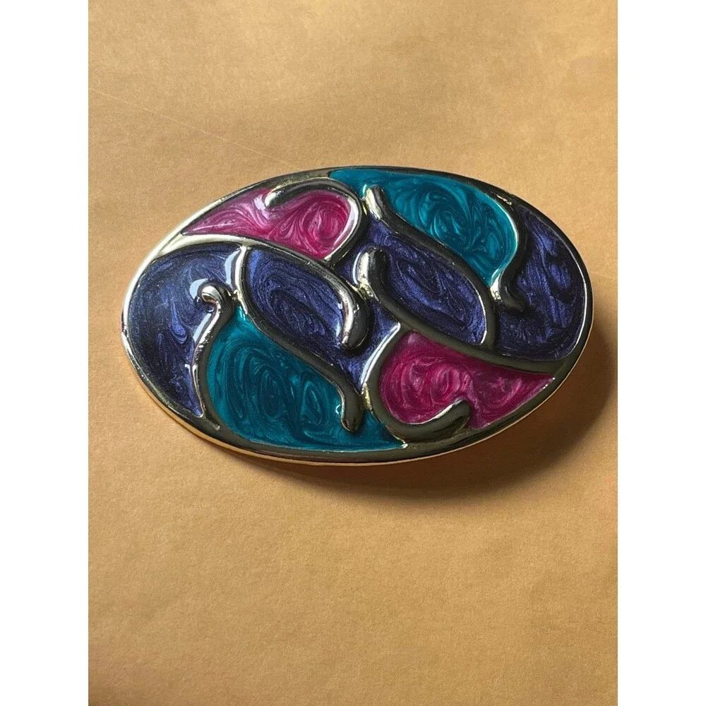 Vintage 80s Enamel Swirl Belt Buckle Teal Pink Purple 3.5